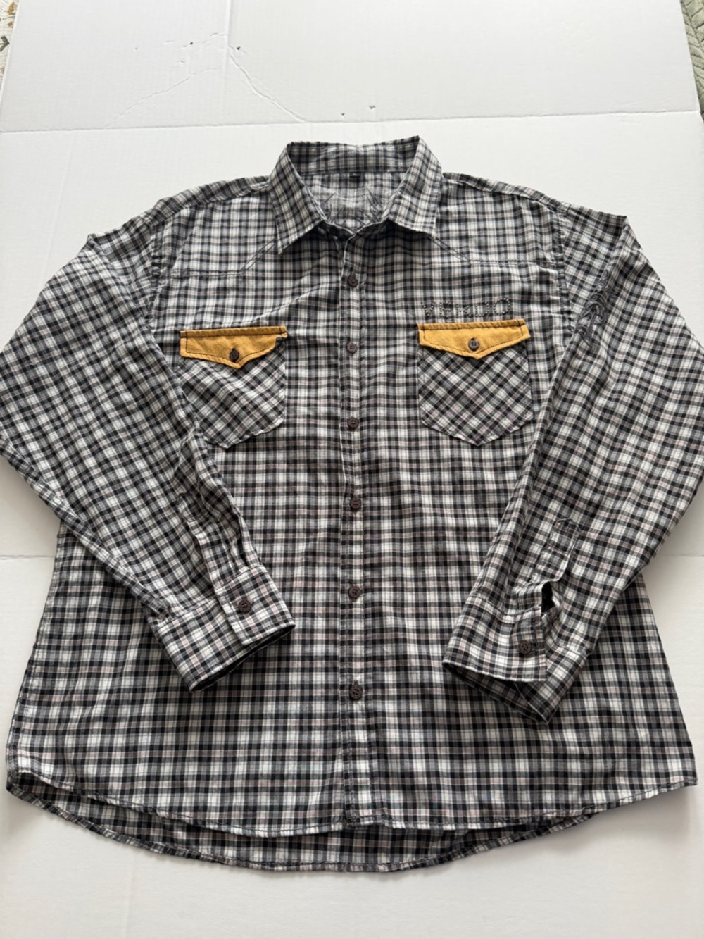 Western Men's Gray Plaid Button-Down Shirt with rhinestone, embroiderey